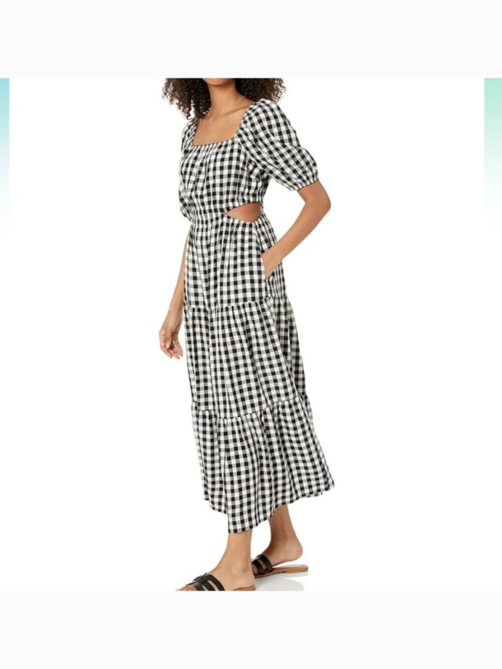 The Drop Anaya Square Neck puff sleeve Black White Gingham sundress Maxi Dress M - Picture 11 of 13